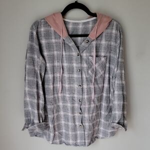Gray and Pink Plaid Button-Up Hoodie XXL